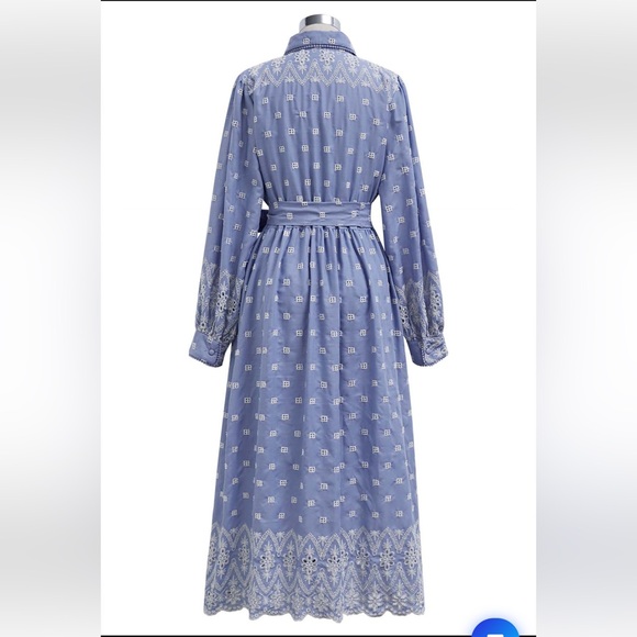 TIE-WAIST EYELET EMBROIDERED COTTON SHIRT DRESS IN BLUE - Picture 10 of 12